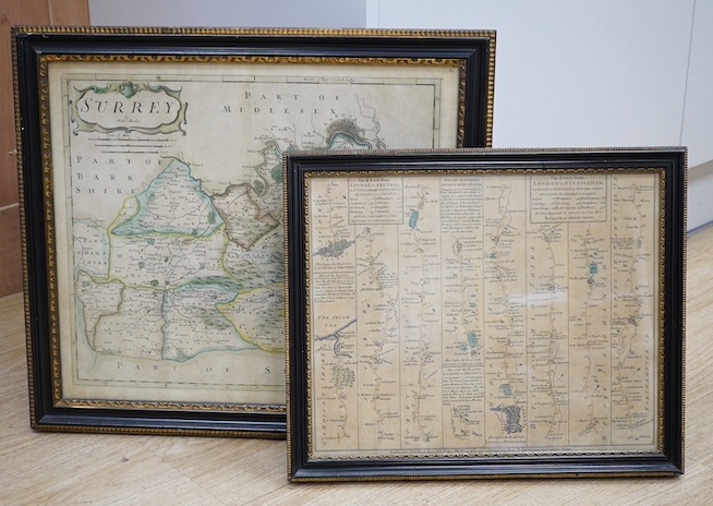 Two antique hand coloured engraved maps comprising, After Robert Morden, Surrey and a road map, ‘London to Buckingham’, largest 38 x 44cm. Condition - fair